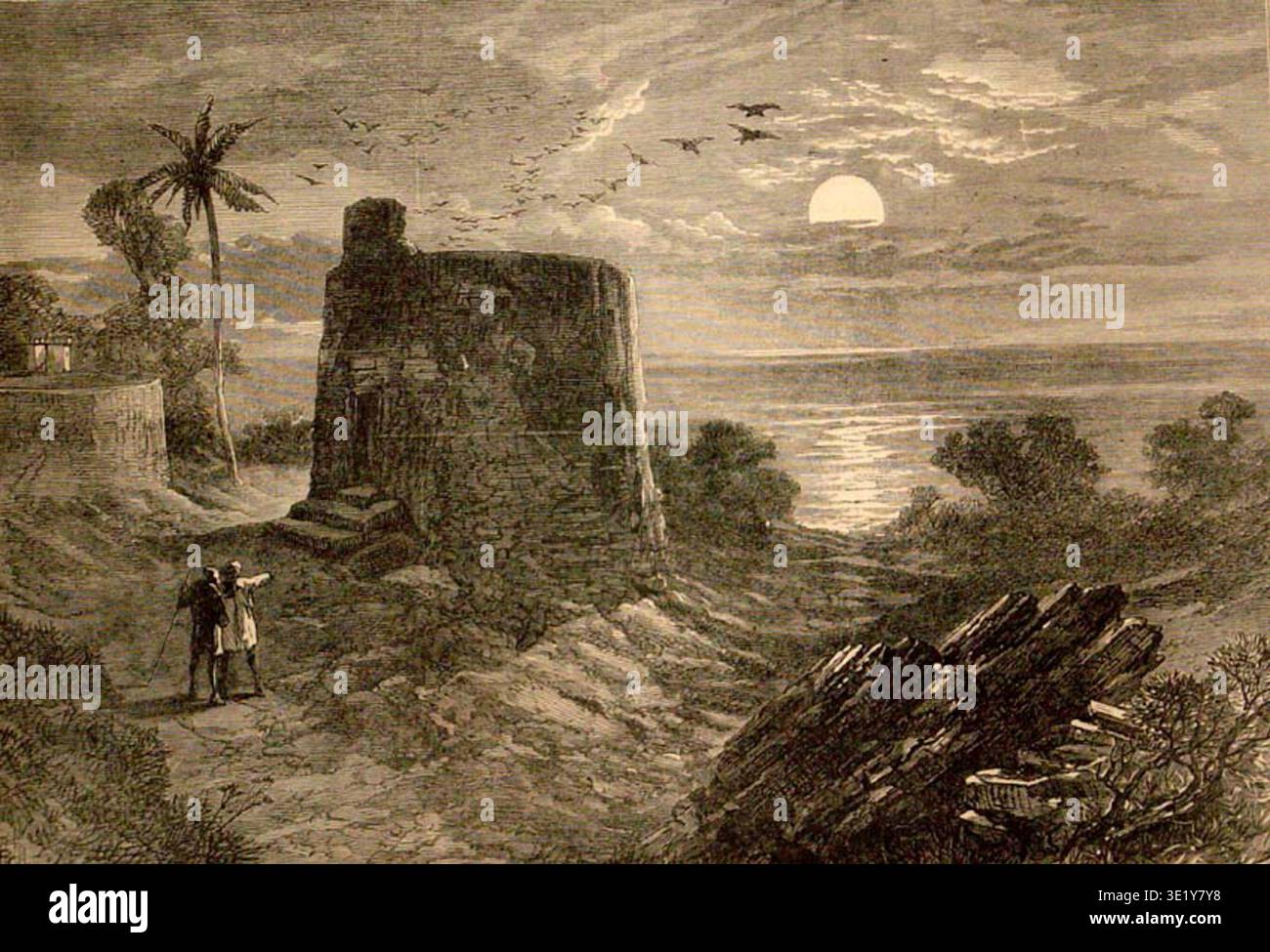 The Tower of Silence is a circular raised funerary structure used in the Zoroastrian tradition of the Parsi community for exposure of the dead according to religious practice known as sky burial. The archival photographic record documents a photographic reproduction of an illustration titled "Tower of Silence—Malabar Hill, Bombay" published in the Illustrated London News in 1875 depicting the funerary complex located on Malabar Hill in Bombay, India. Stock Photo