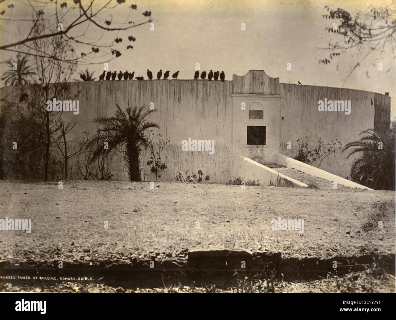 Bourne and Shepherd was a British photographic studio established in India in 1863 by Samuel Bourne and Charles Shepherd and known for producing photographic records of landscapes, architecture, and communities in South Asia. The archival photographic record documents an albumen photographic print titled "Parsee Tower of Silence, Bombay" dating to the 1880s depicting the Zoroastrian funerary structure on Malabar Hill. Stock Photo