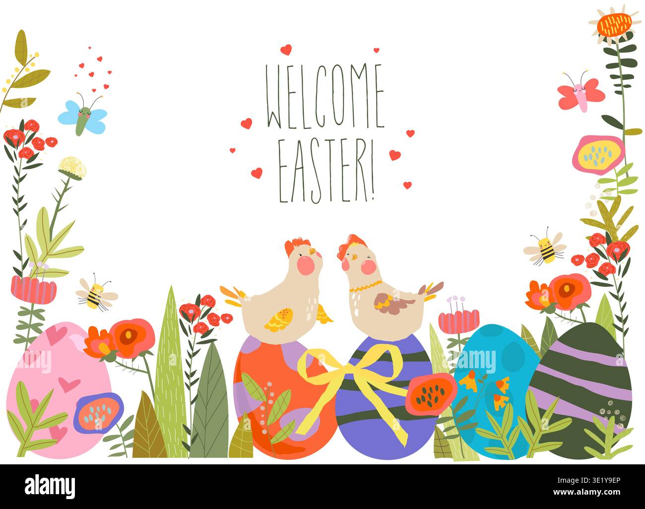 Easter Card with Flowers, Hens and Easter Eggs Stock Vector