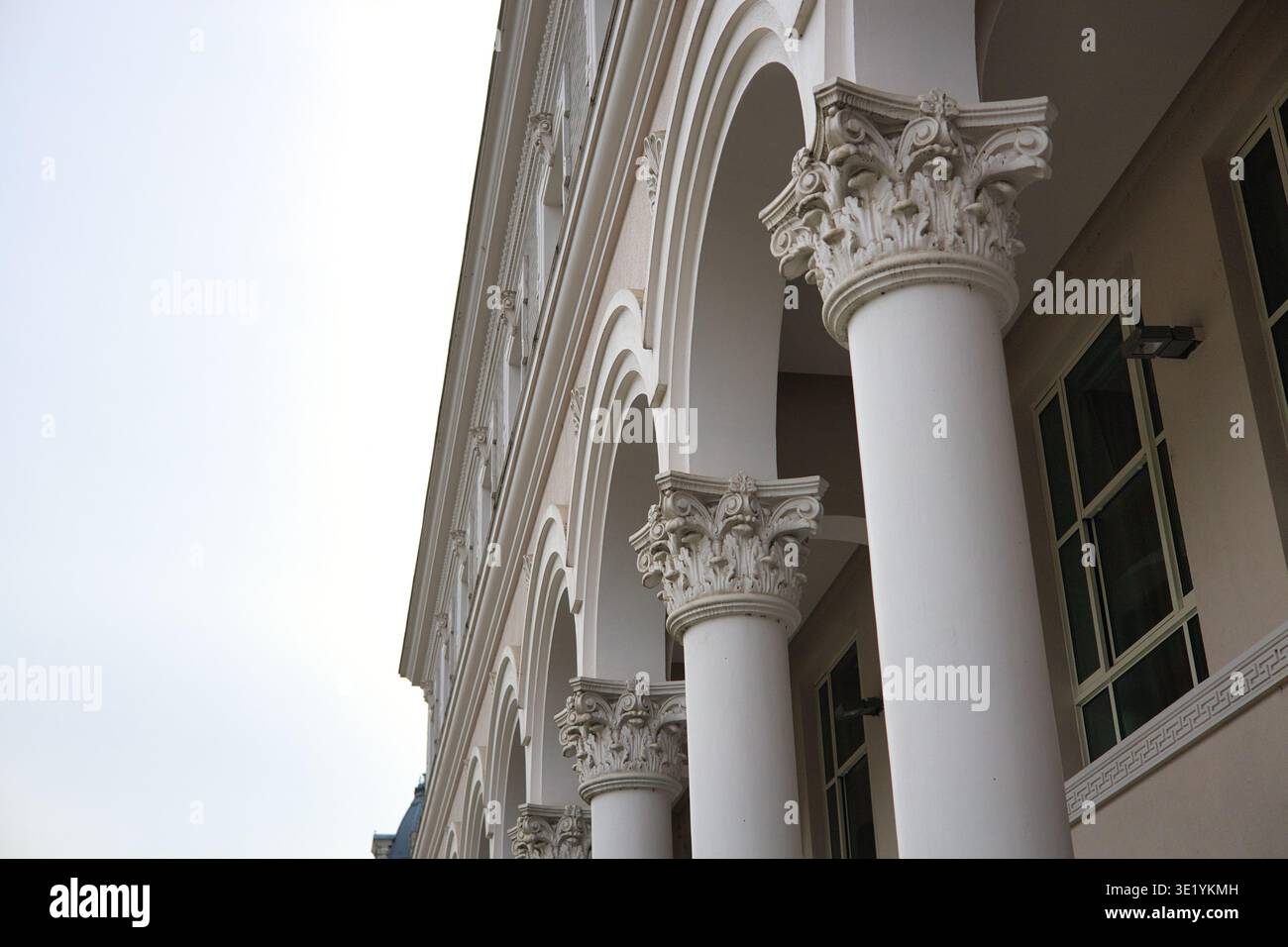 A professional low-angle shot showcasing a row of elegant white columns ...