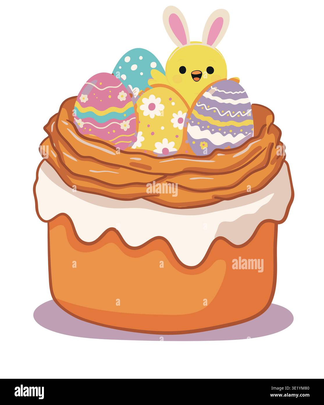 Easter cake decorated with eggs and chick illustration Stock Vector