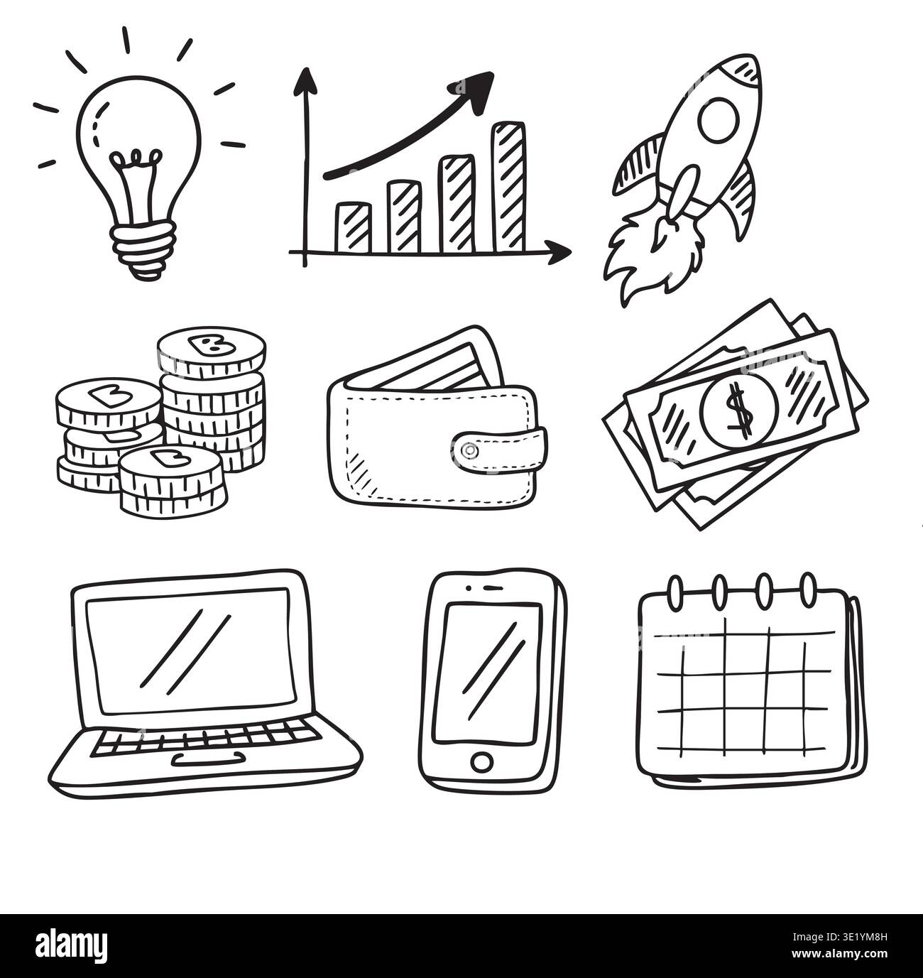 Hand drawn business icons set. Black and white doodle symbols collection Stock Vector