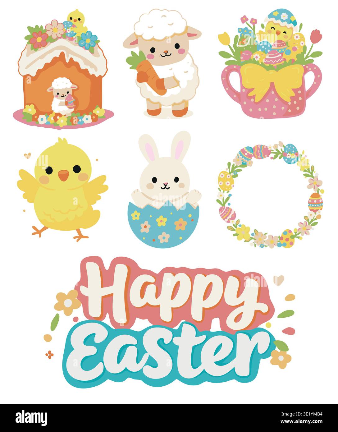 Cute Easter illustration set with holiday elements Stock Vector