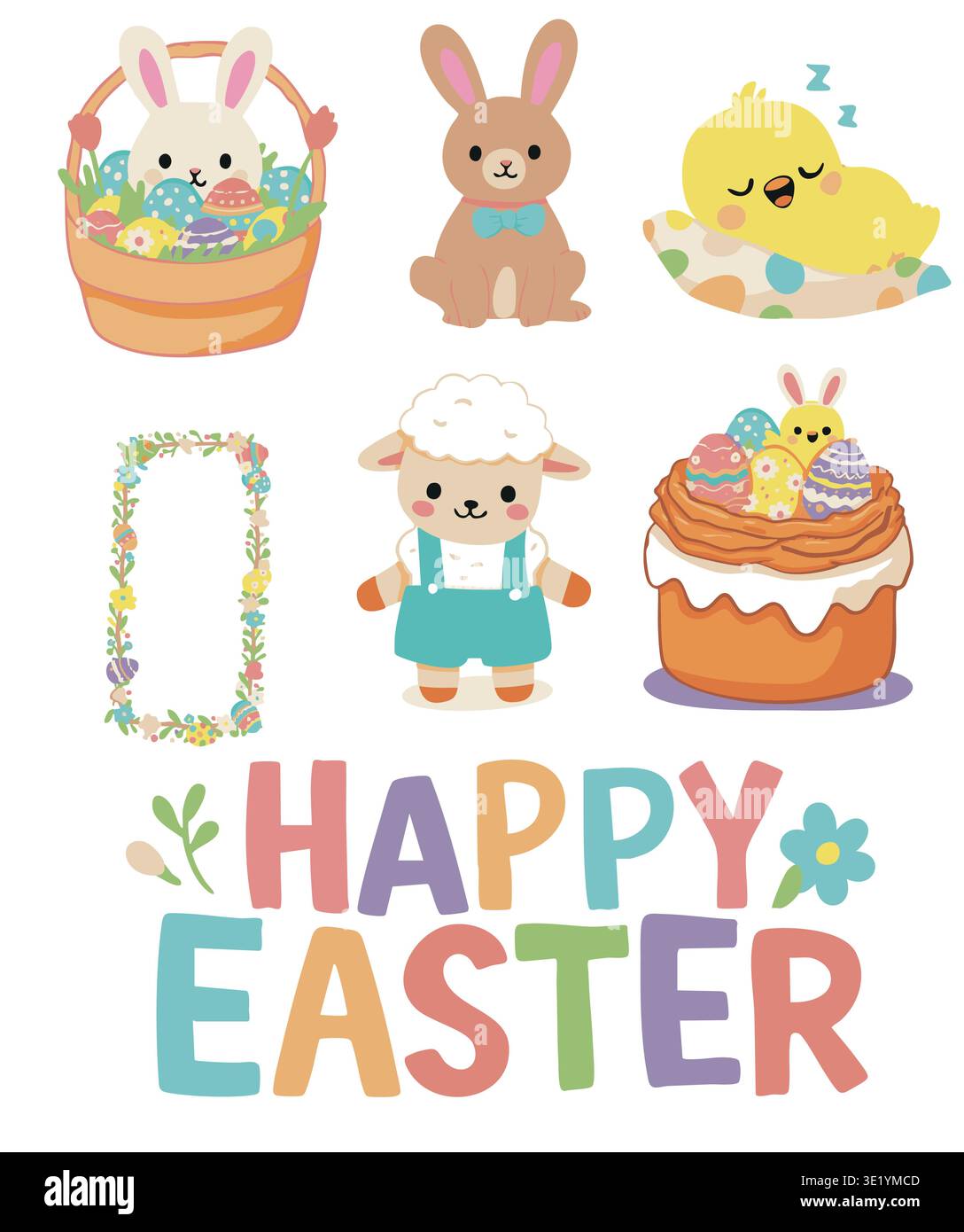 Happy Easter seamless pattern with cakes, sheep, eggs and chicks Stock Vector