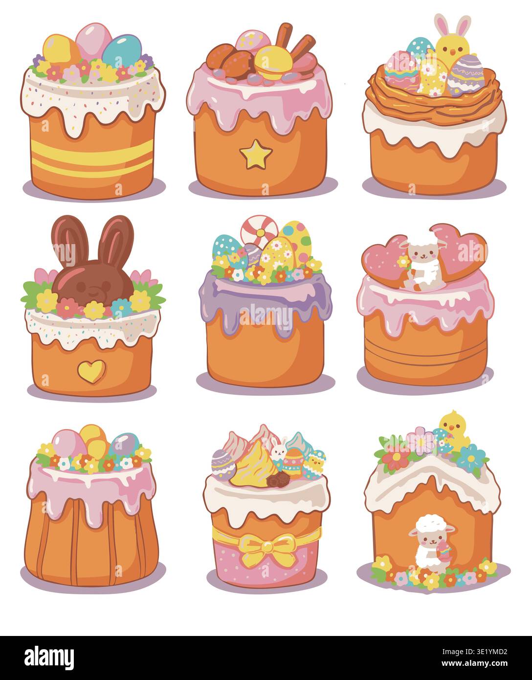 Easter cakes set with decorative toppings illustration Stock Vector