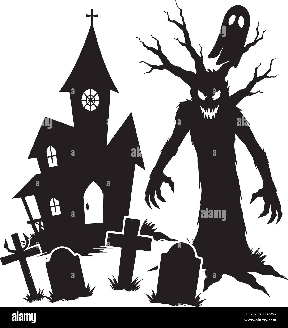 Spooky Church Graveyard With Tree Monster And Floating Ghost Stock Vector