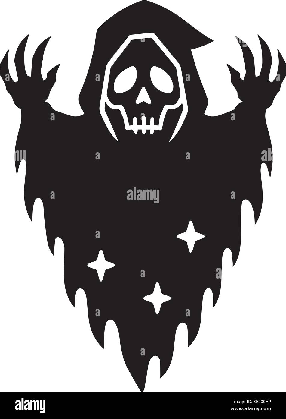 Hooded Reaper With Clawed Hands And Sparkling Stars Silhouette Stock Vector