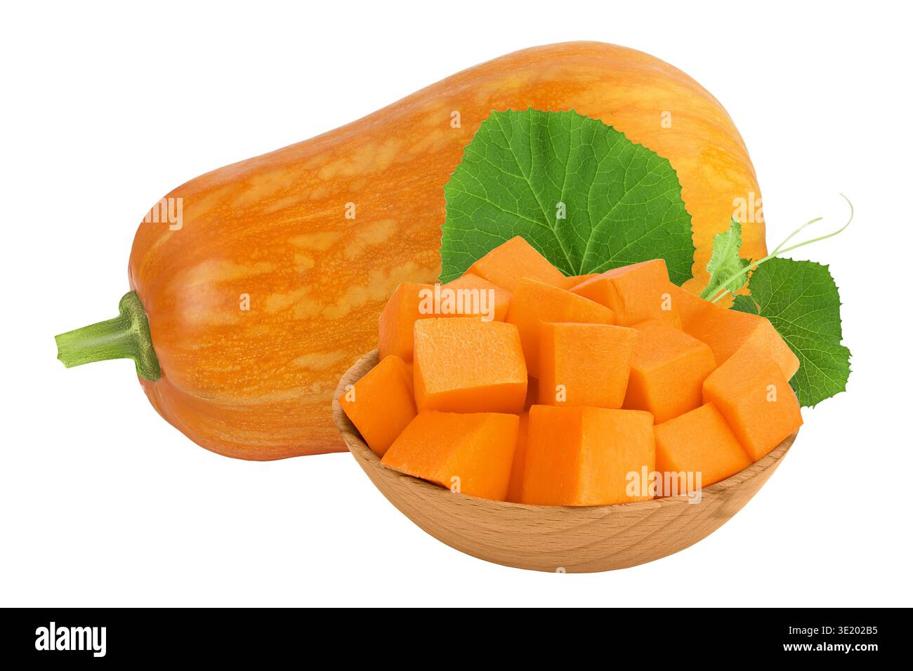 butternut squash diced in wooden bowl isolated on white background with full depth of field Stock Photo