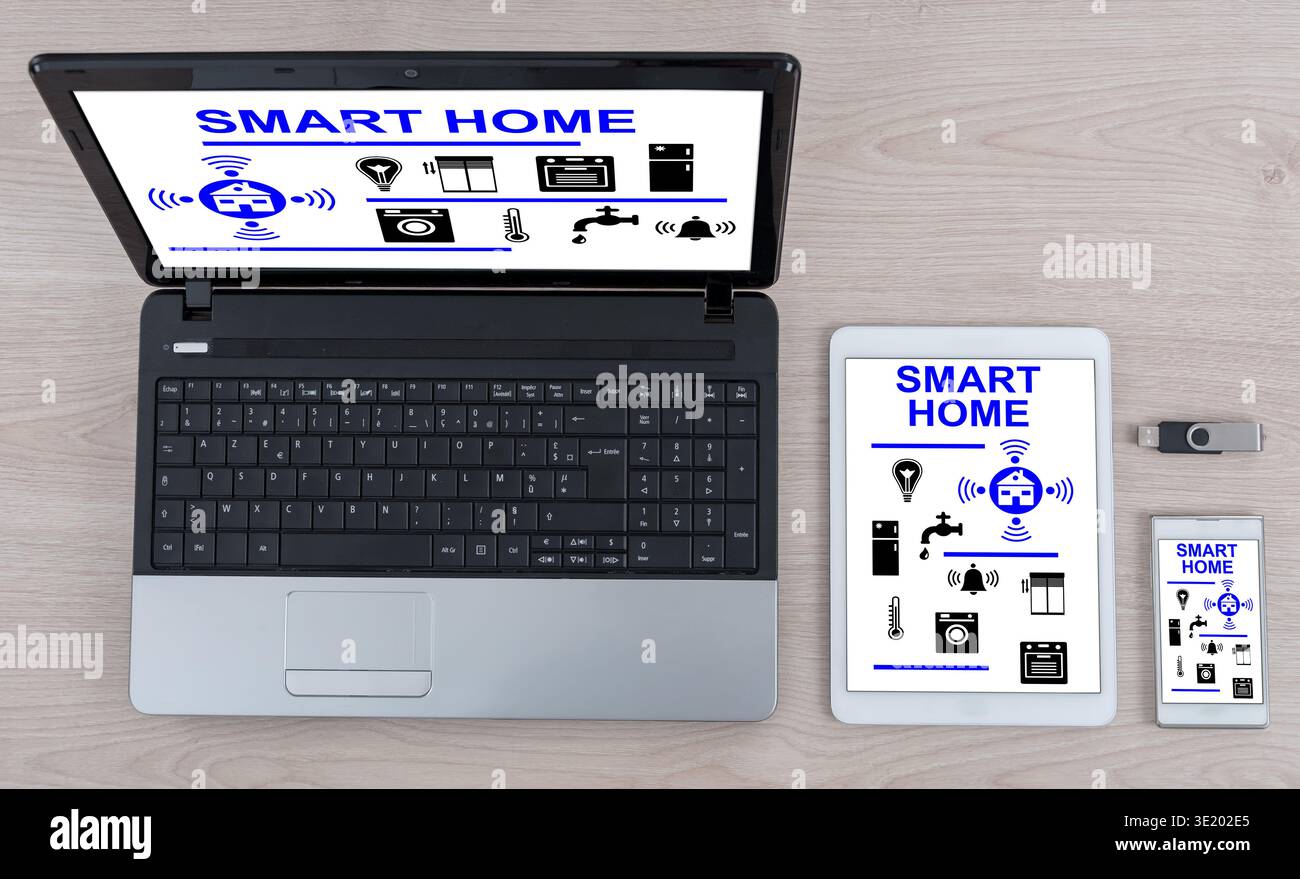 Smart home concept shown on different information technology devices Stock Photo