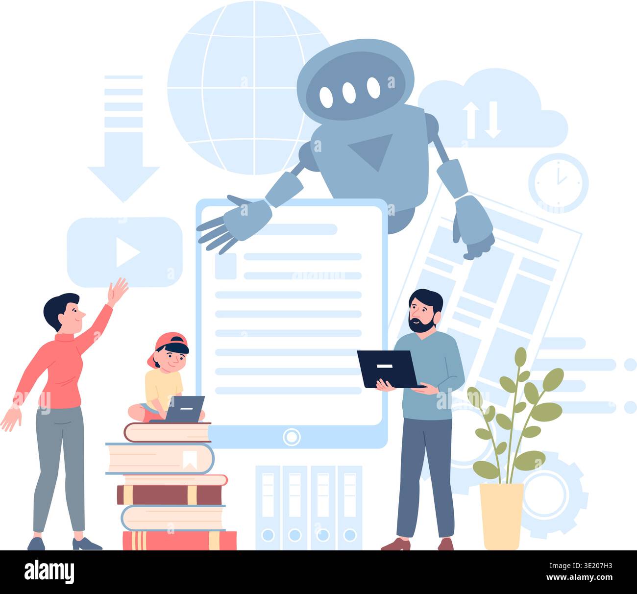 Study with ai. Child adults studying with robot, android teacher. Modern education system, robots interacting and technologies using, recent vector Stock Vector