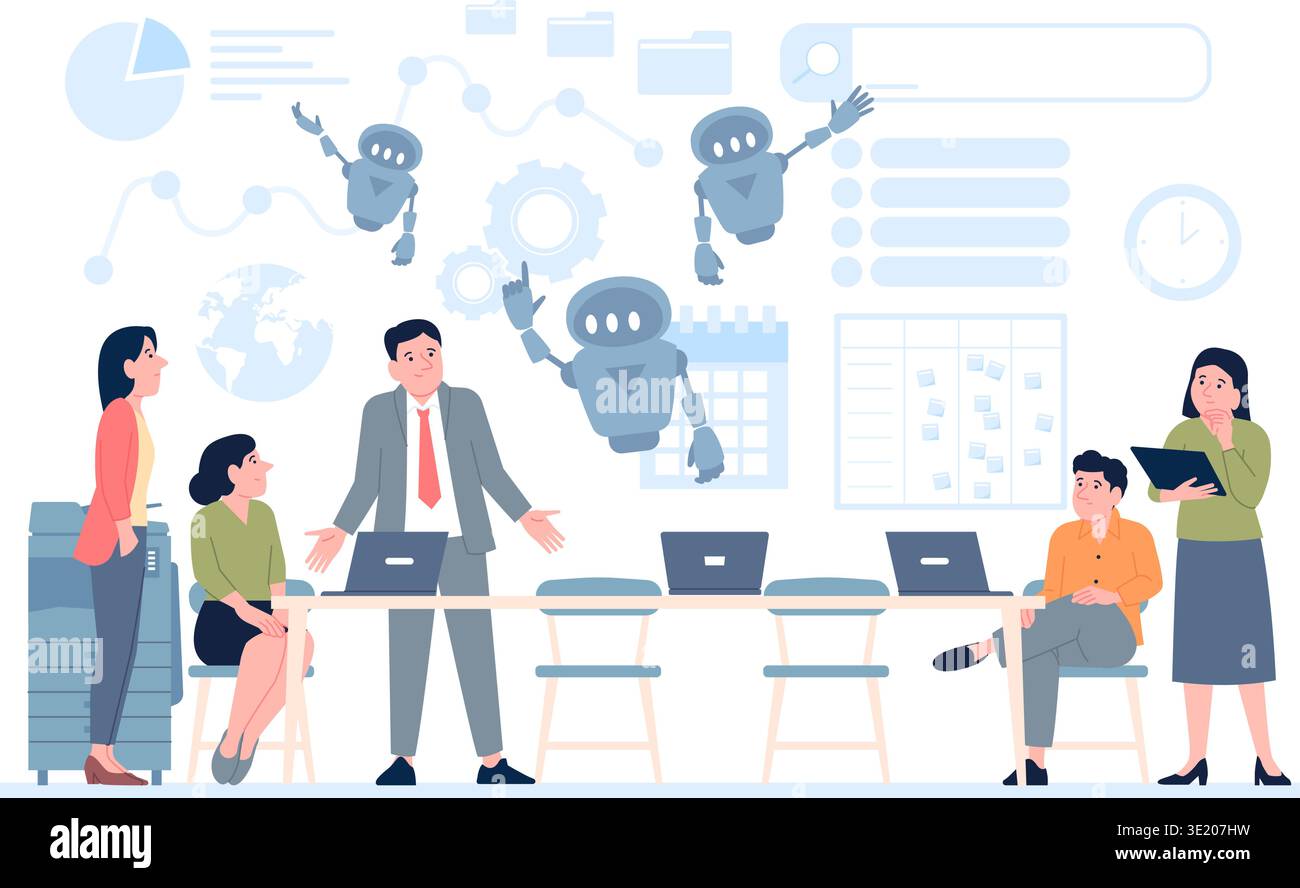 Work process with ai. Android help office workers with working. Robot helpers, time management and brainstorming. Digital assistance, recent vector Stock Vector