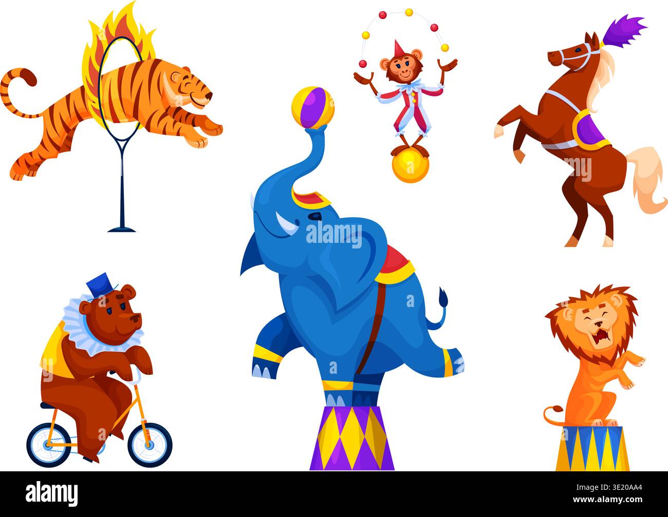 Cartoon circus animals. Carnival show animal, lion fire cute bear tiger ...