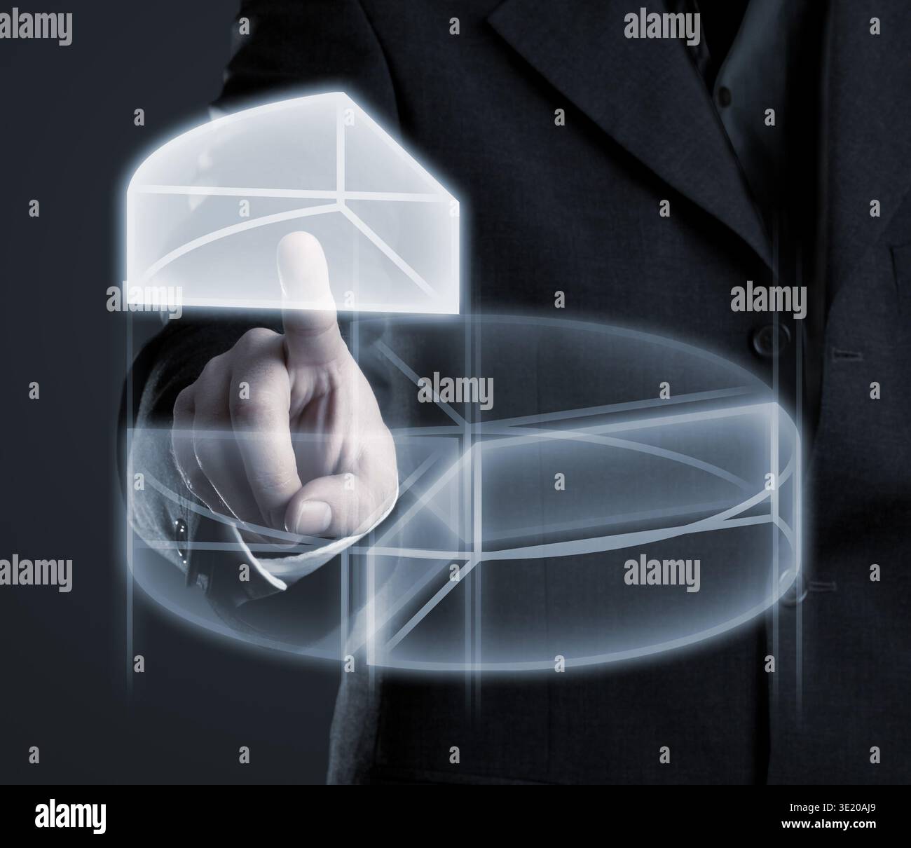 Businessman navigating data in pie chart on futuristic touchscreen display Stock Photo