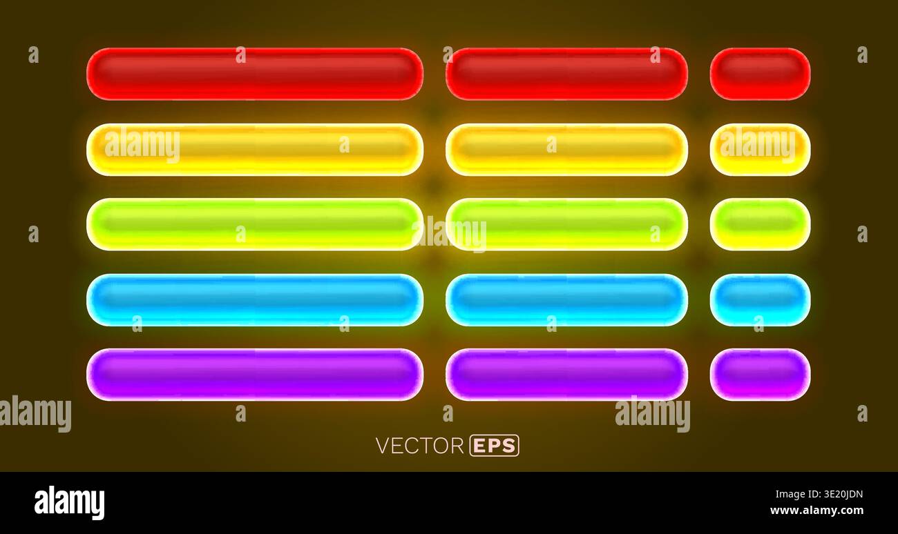 Colorful glowing neon buttons and bars collection for modern web and graphic design UI elements. Vector illustration. Stock Vector