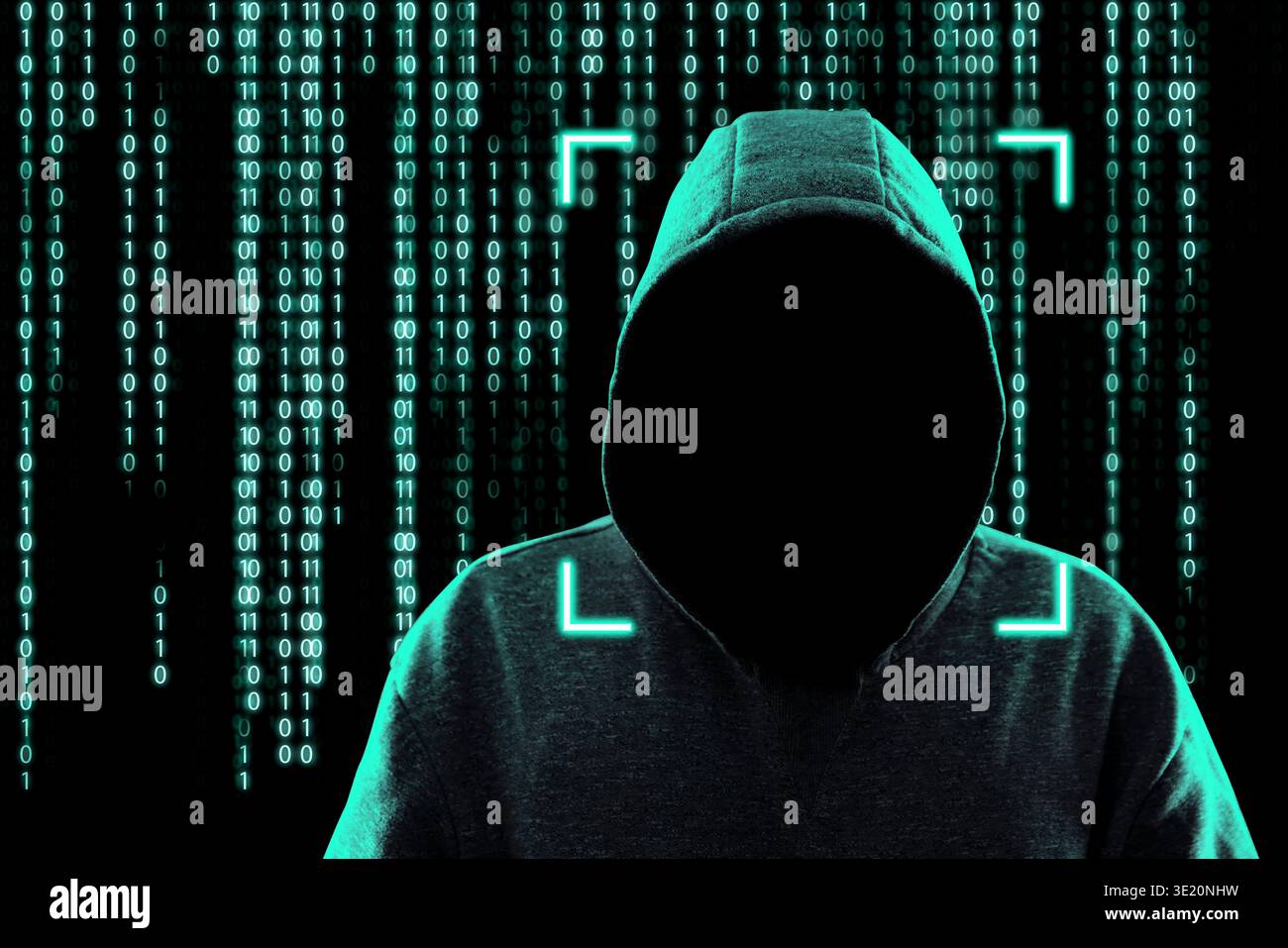 Cybercriminal in hood against binary code. Digital security Stock Photo