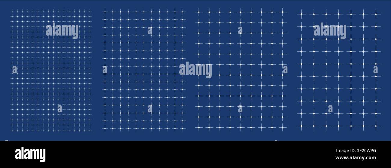 Blueprint grid set curved star geometry, four scale variations. Wide medium dense micro spacing comparison, engineering layouts dashboards notebook pages interface planning systems technology graphics Stock Vector