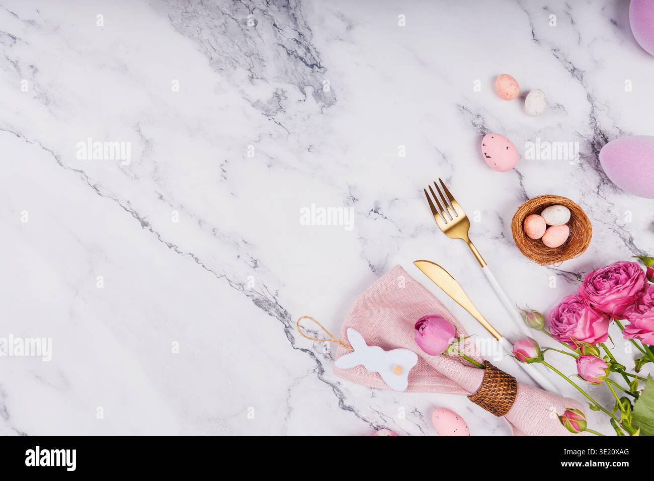 Festive Easter Flat Lay with Cutlery and Decor Stock Photo