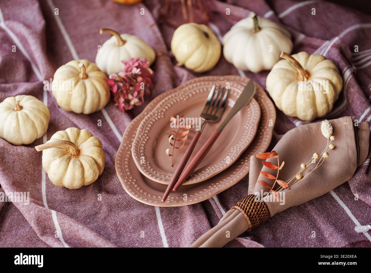 Autumn tablescape with pumpkins and elegant rustic decor Stock Photo