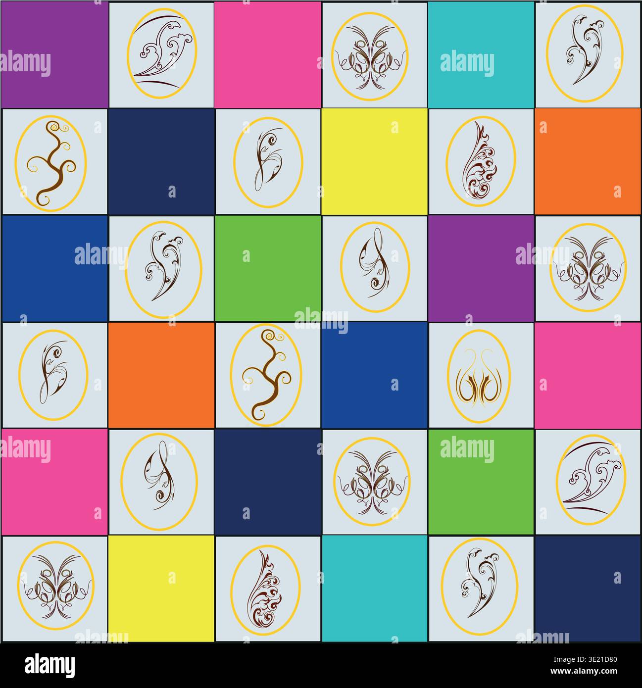Geometric Checkerboard Pattern with Easter icons: Hand-Traced Vector Ornament, Full Editable Adobe Illustrator File, No Image Trace, Clean Paths. Stock Vector