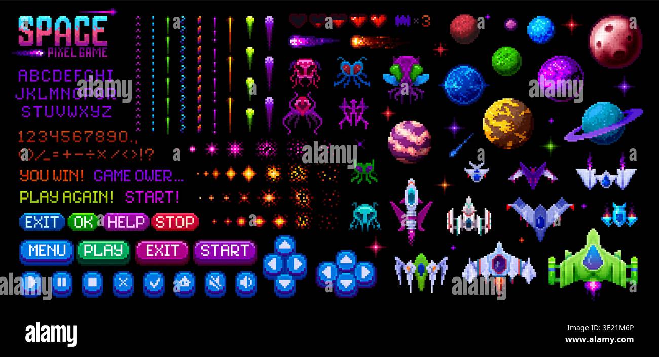 8 bit pixel space arcade video game interface Stock Vector