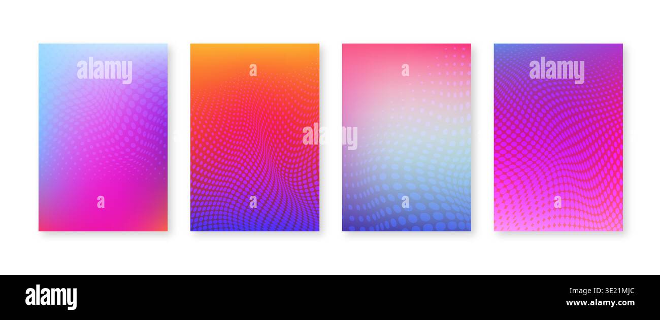 Bright color gradient cover set with geometric halftone dots pattern Stock Vector