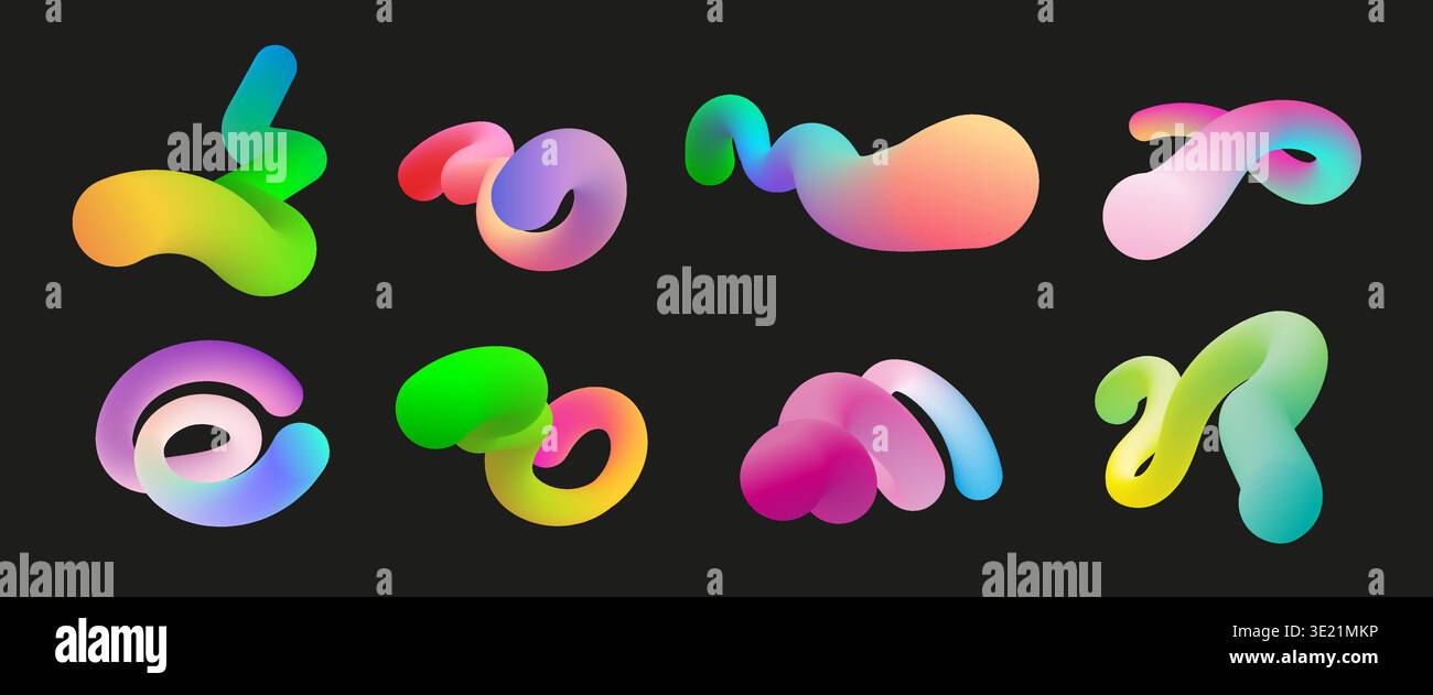 Modern 3d shapes collection isolated on black background. Fluid gradient blend vector Stock Vector