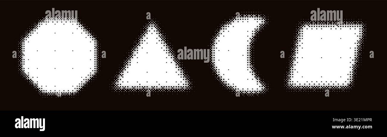 Bitmap geometric shapes set. Distorted pixel Y2k halftone Stock Vector