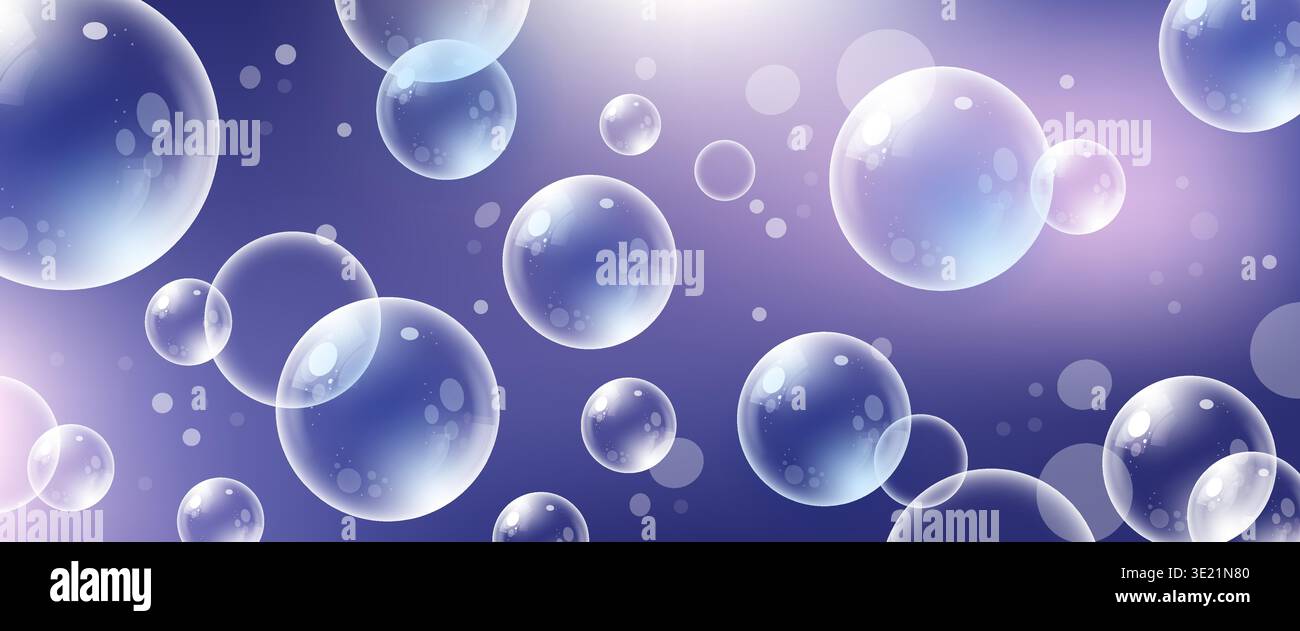 Abstract purple bubbles background. Transparent realistic soap bubble Stock Vector