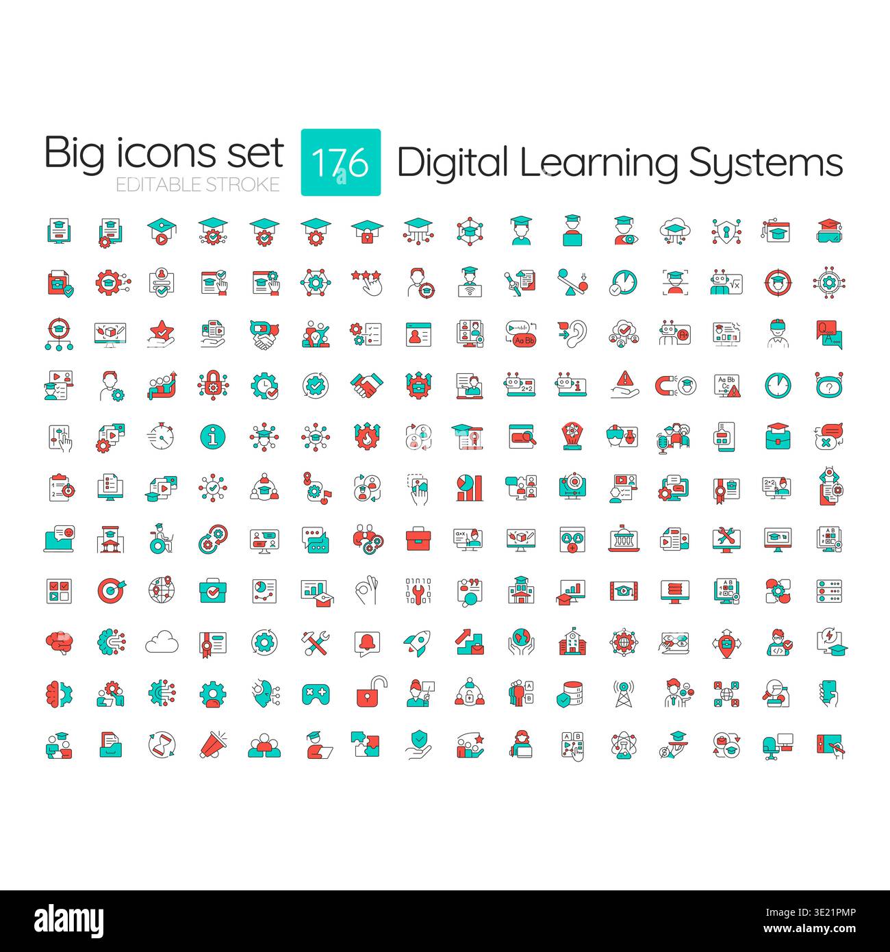 Digital learning systems colorful icons big set Stock Vector