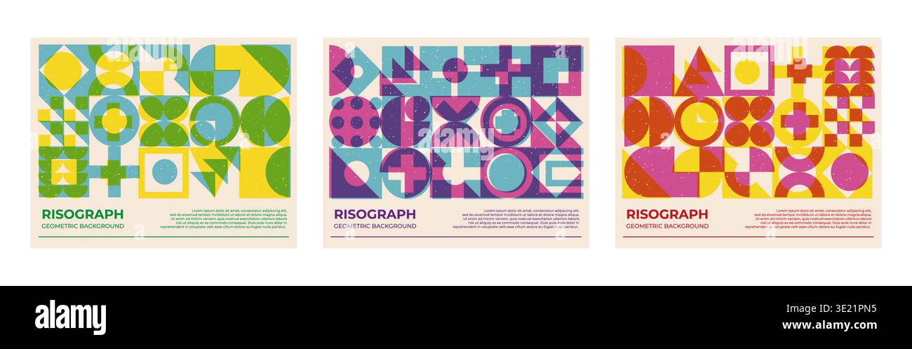 Abstract geometric shapes pattern risograph style with grain texture Stock Vector