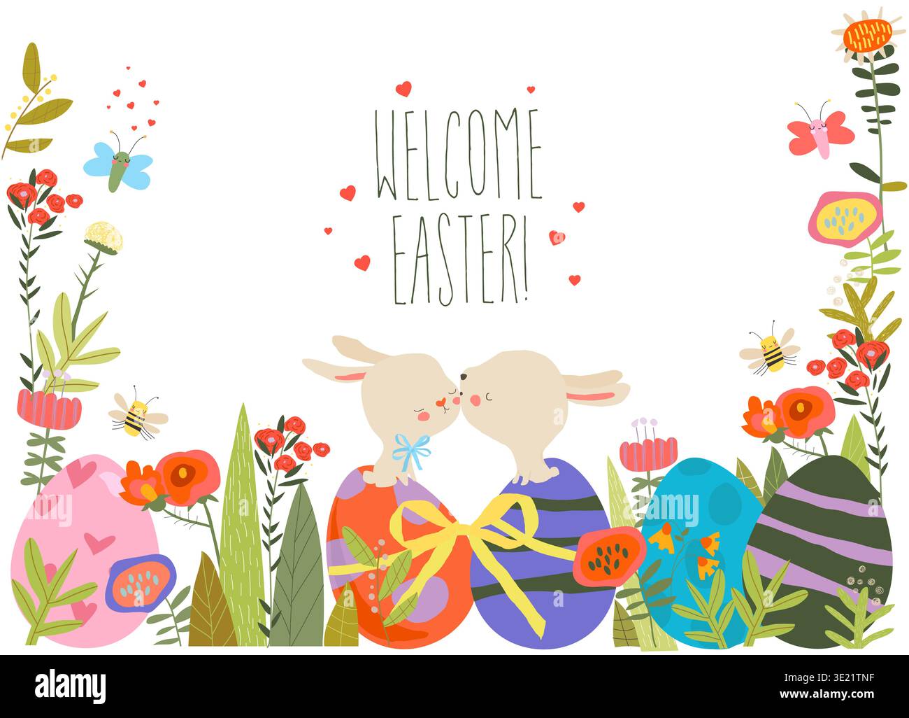 Easter Card with Flowers, Rabbis and Easter Eggs Stock Vector