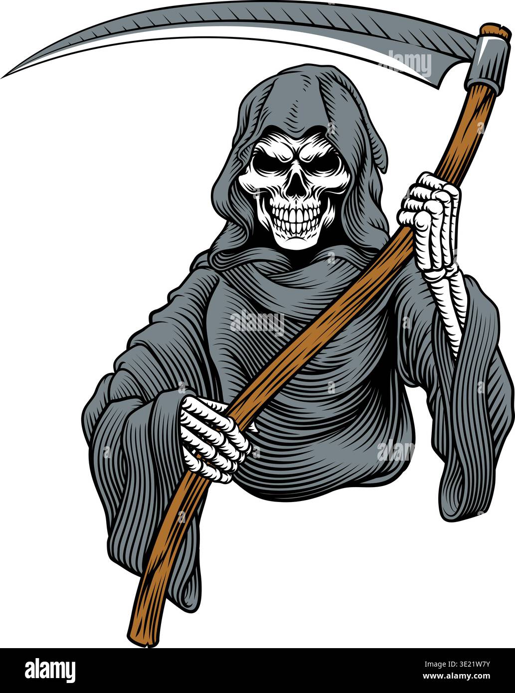 ビンテージ　スカル　髑髏　骸骨　死神　grim reaper ハロウィン　レトロ Grim Reaper Death Skeleton Vintage Woodcut Style Stock Vector