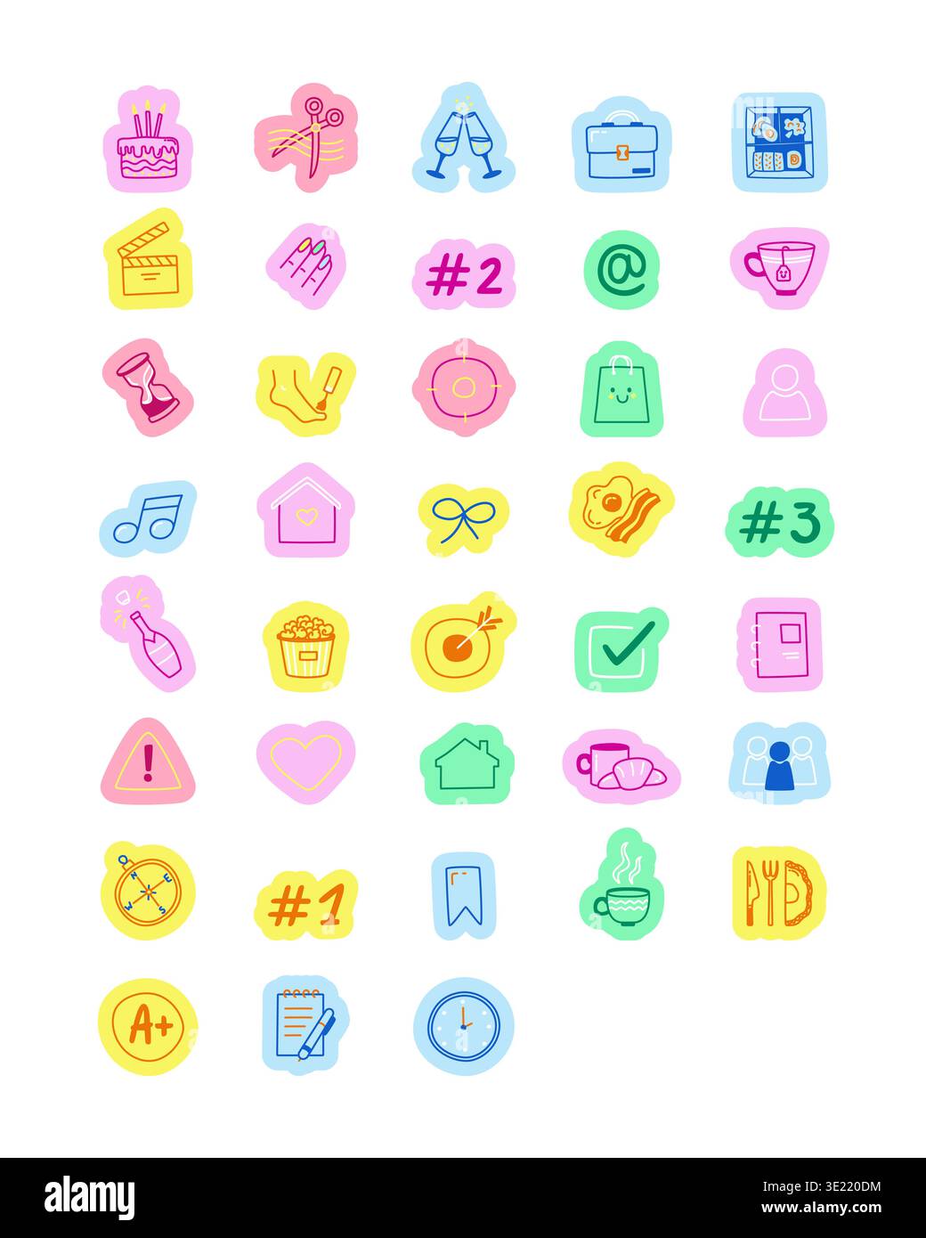 Everyday activities and lifestyle hand drawn line sticker pack Stock Vector