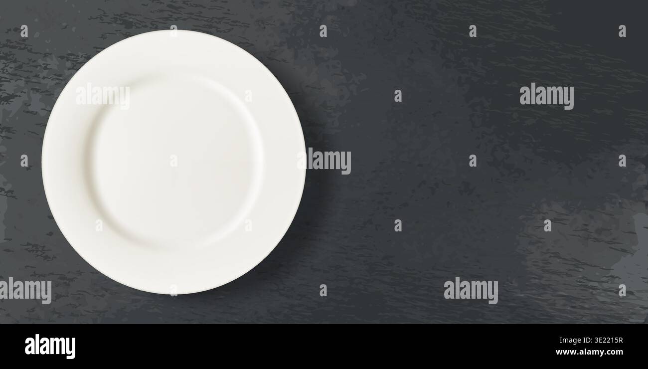 Empty white ceramic plate on black slate board background. Vector 3d realistic top view illustration. Cooking, food serving dishes, menu presentation Stock Vector