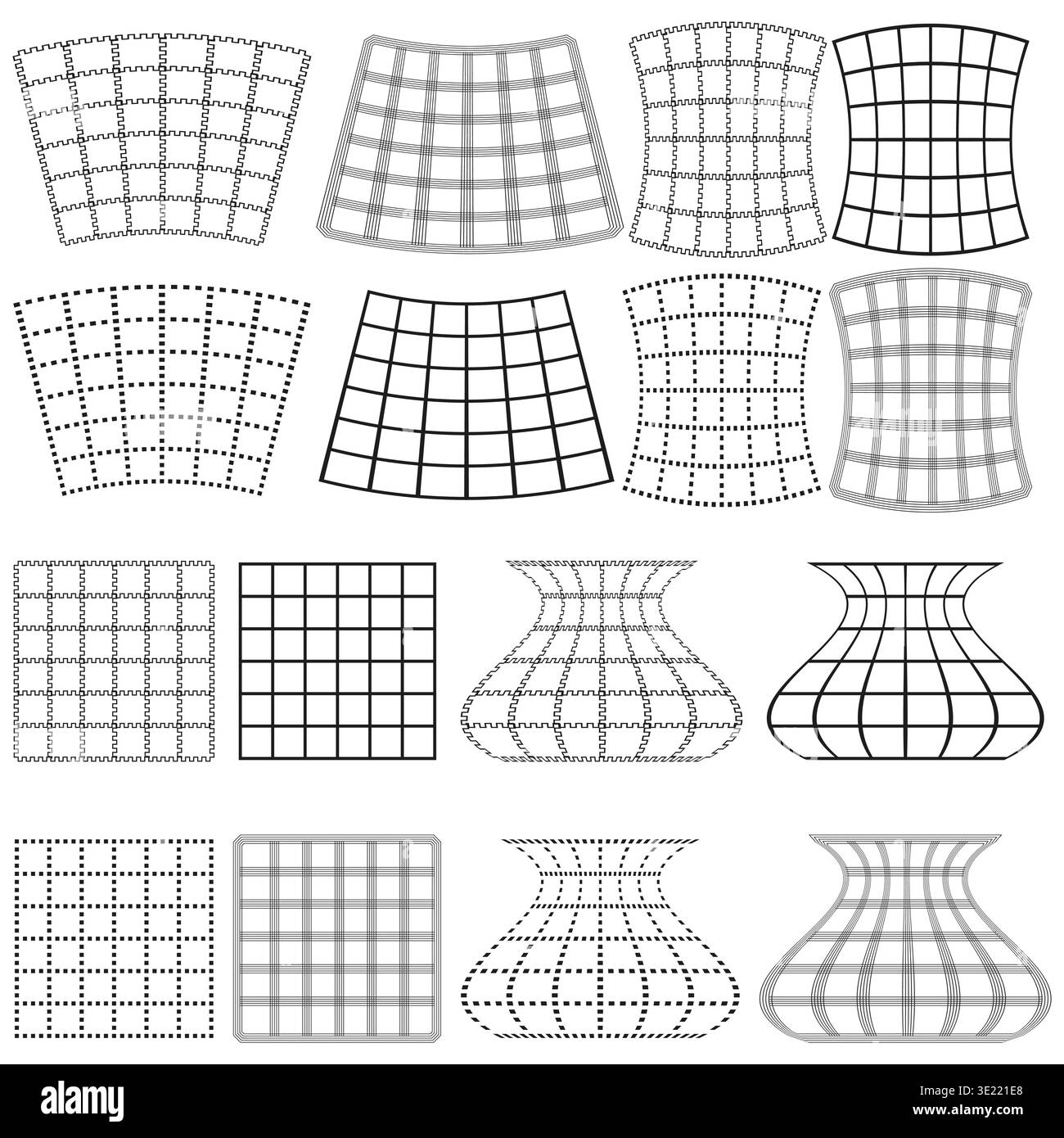 Warped grid shapes. Geometric wireframe Vector. Distorted line pattern. Abstract mesh element. EPS 10. Stock Vector