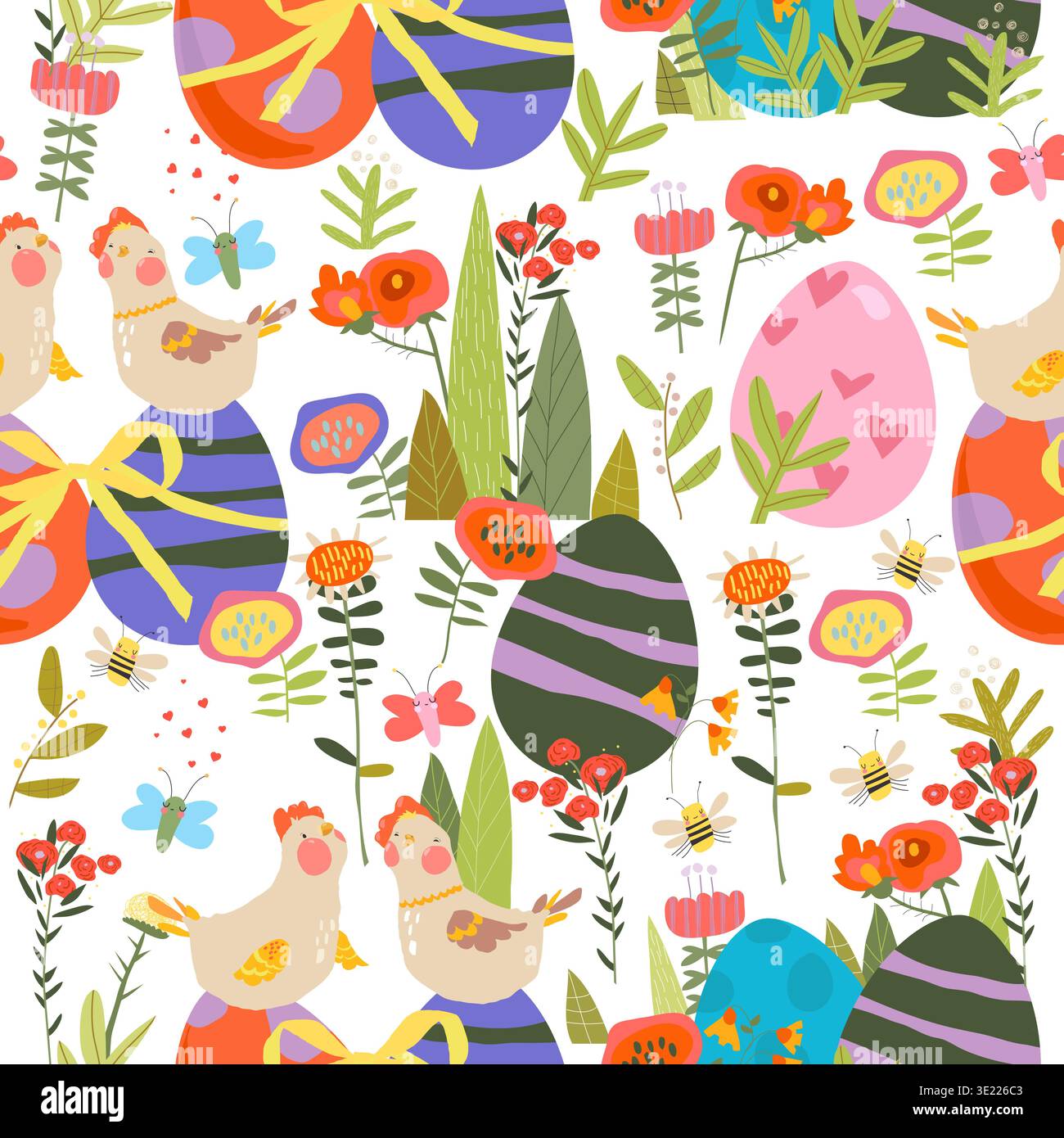 Easter Seamless Pattern with Flowers, Hens and Easter Eggs Stock Vector