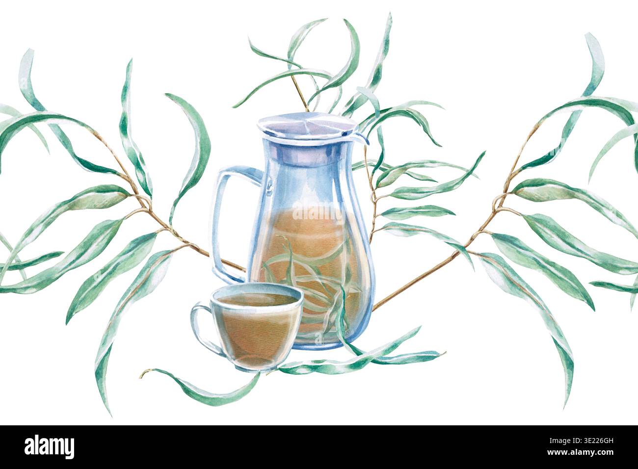 Seamless border with a eucalyptus branch, pitcher, and cup. Isolated ...
