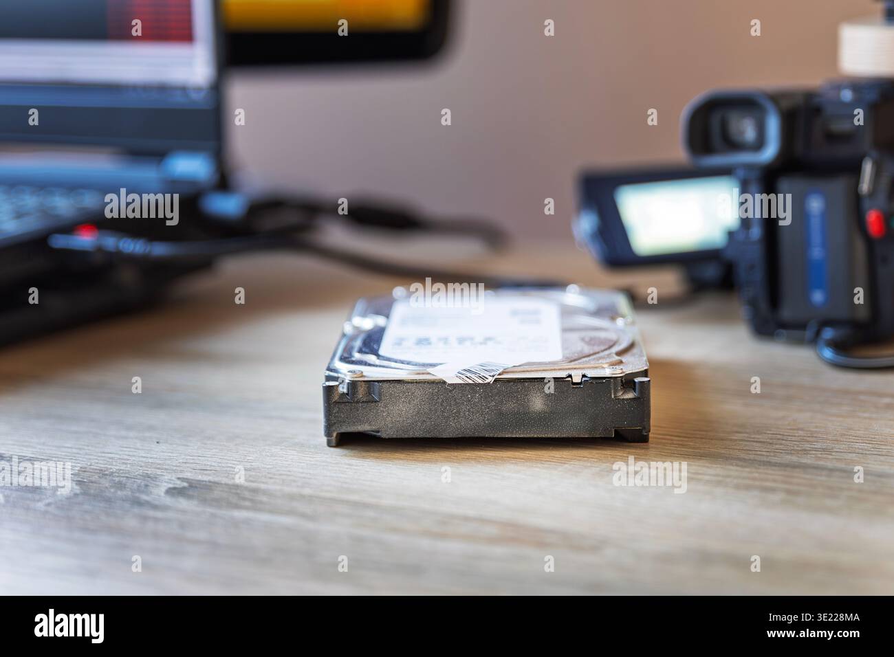 External Hard Drive Used for Digitizing Old Video Archives Stock Photo