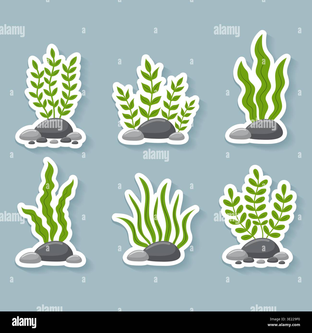 Green seaweed stickers set with stones and aquatic plants vector illustration. Stock Vector