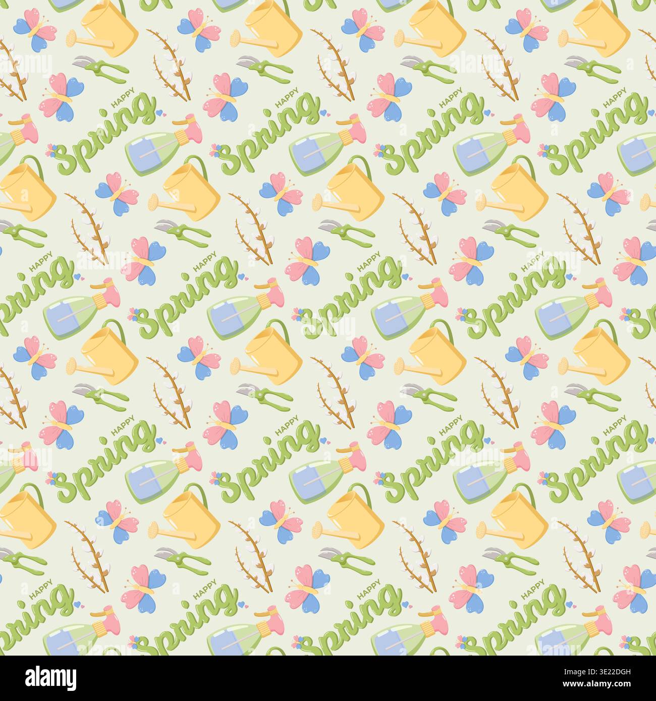 Happy Spring Gardening Tools Pattern Stock Vector