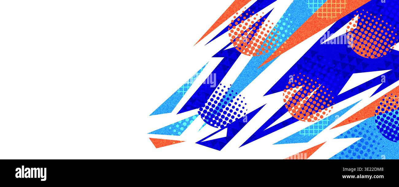 Energetic Sport Background with Blue and Orange Thunderbolt Shapes on White Background and Halftone Patterns Stock Vector