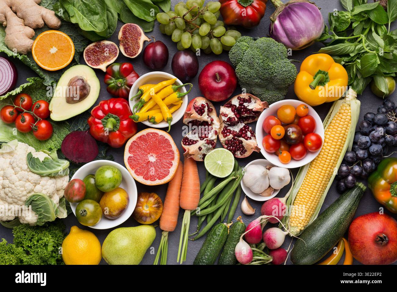 Assorted fresh ripe fruits and vegetables background Stock Photo