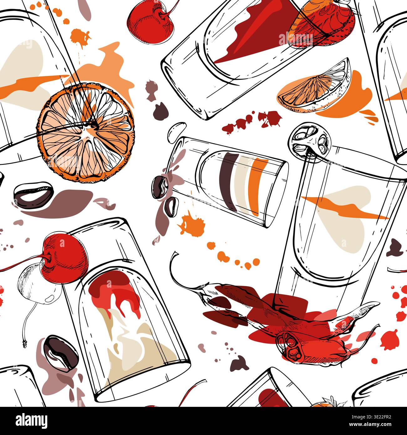 Coffee, orange and pepper layered cocktails, juice liquid splashes. Multicolor vector tile of assorted shot silhouettes. Hand drawn seamless design Stock Vector