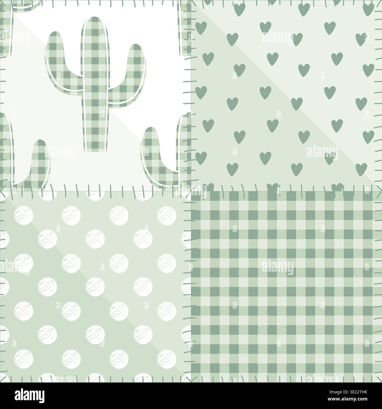 Seamless patchwork gingham pattern with kawaii cacti, hearts, polka dot, and stylized sews. Vector illustration Stock Vector