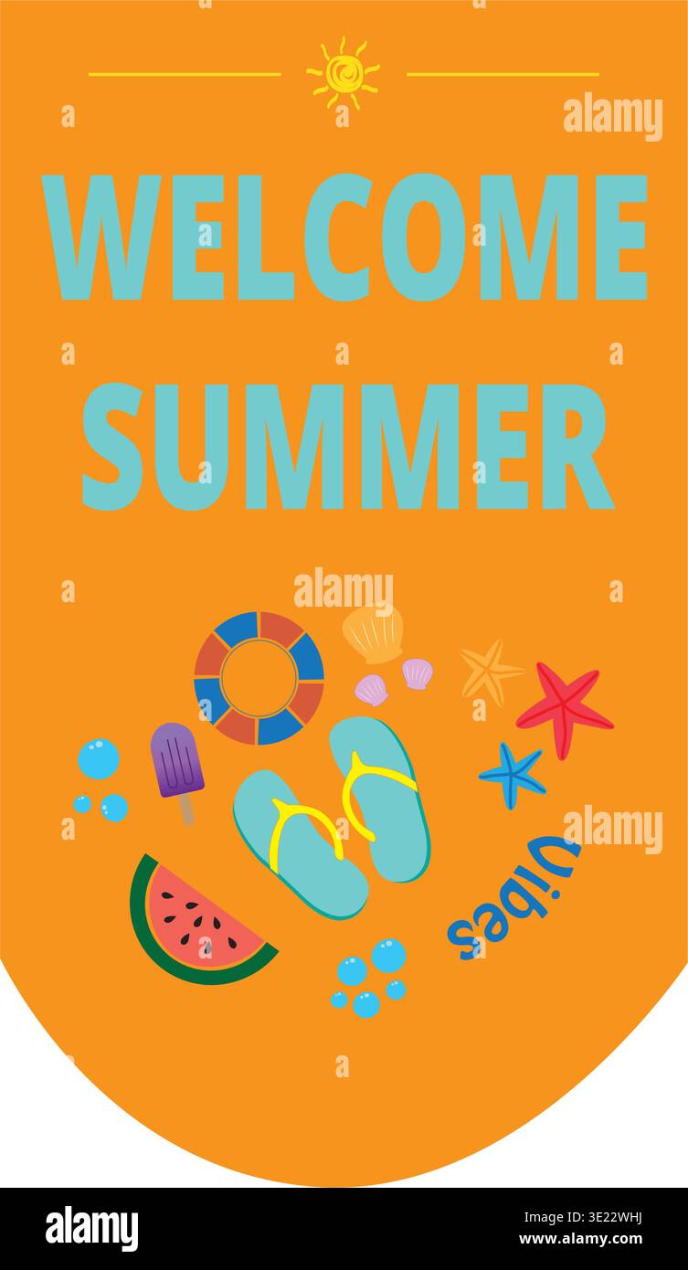 Orange summer pendant with colored beach objects isolated on a white background Stock Vector