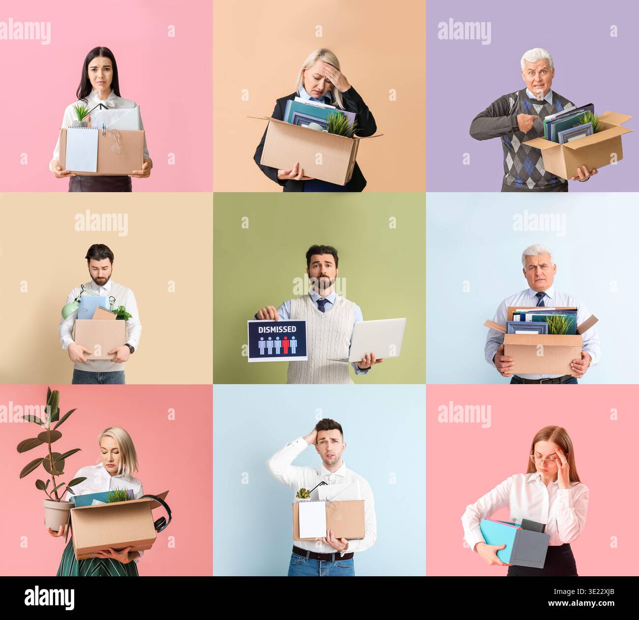 Collage of fired workers on color background Stock Photo