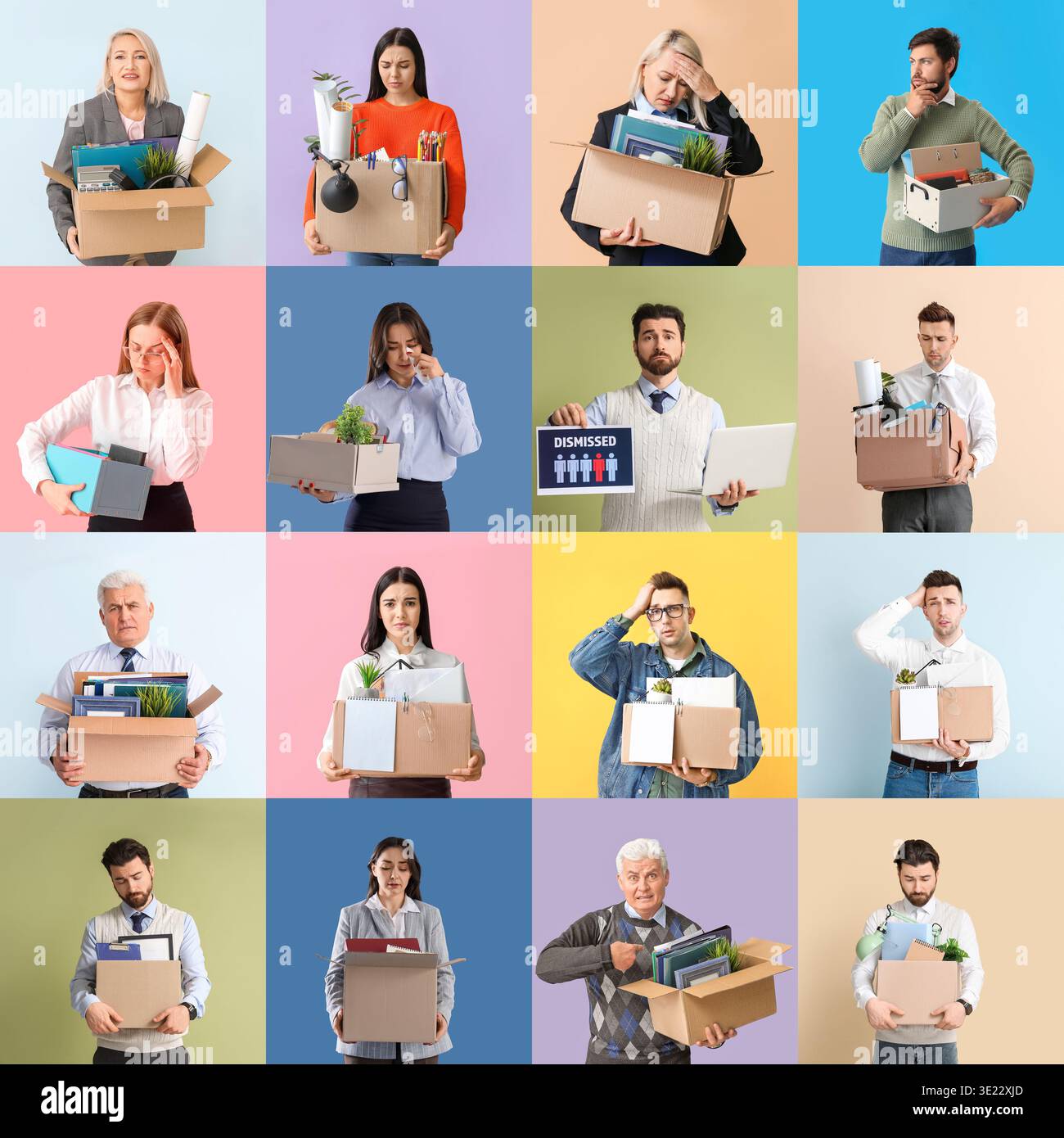 Collage of fired workers on color background Stock Photo