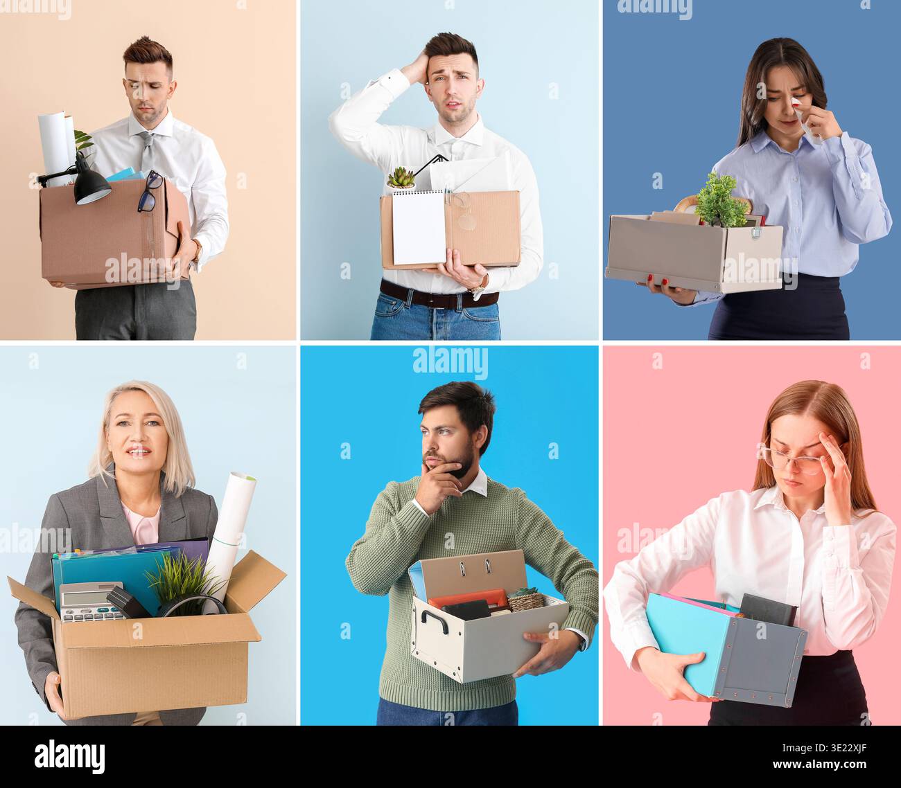 Collage of fired workers on color background Stock Photo