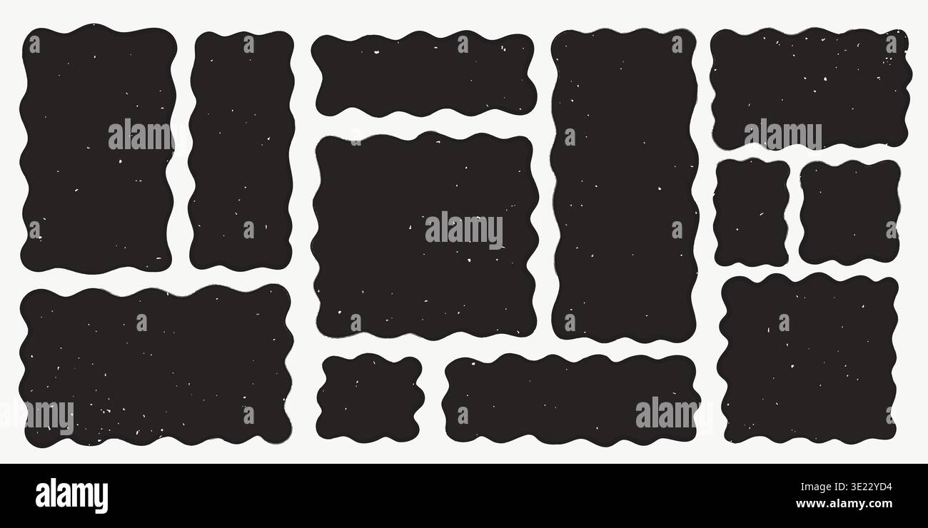 Wavy rectangle shape frame set with hand drawn square doodle elements in rough textured style. Bold black organic frames with subtle grain effect Stock Vector