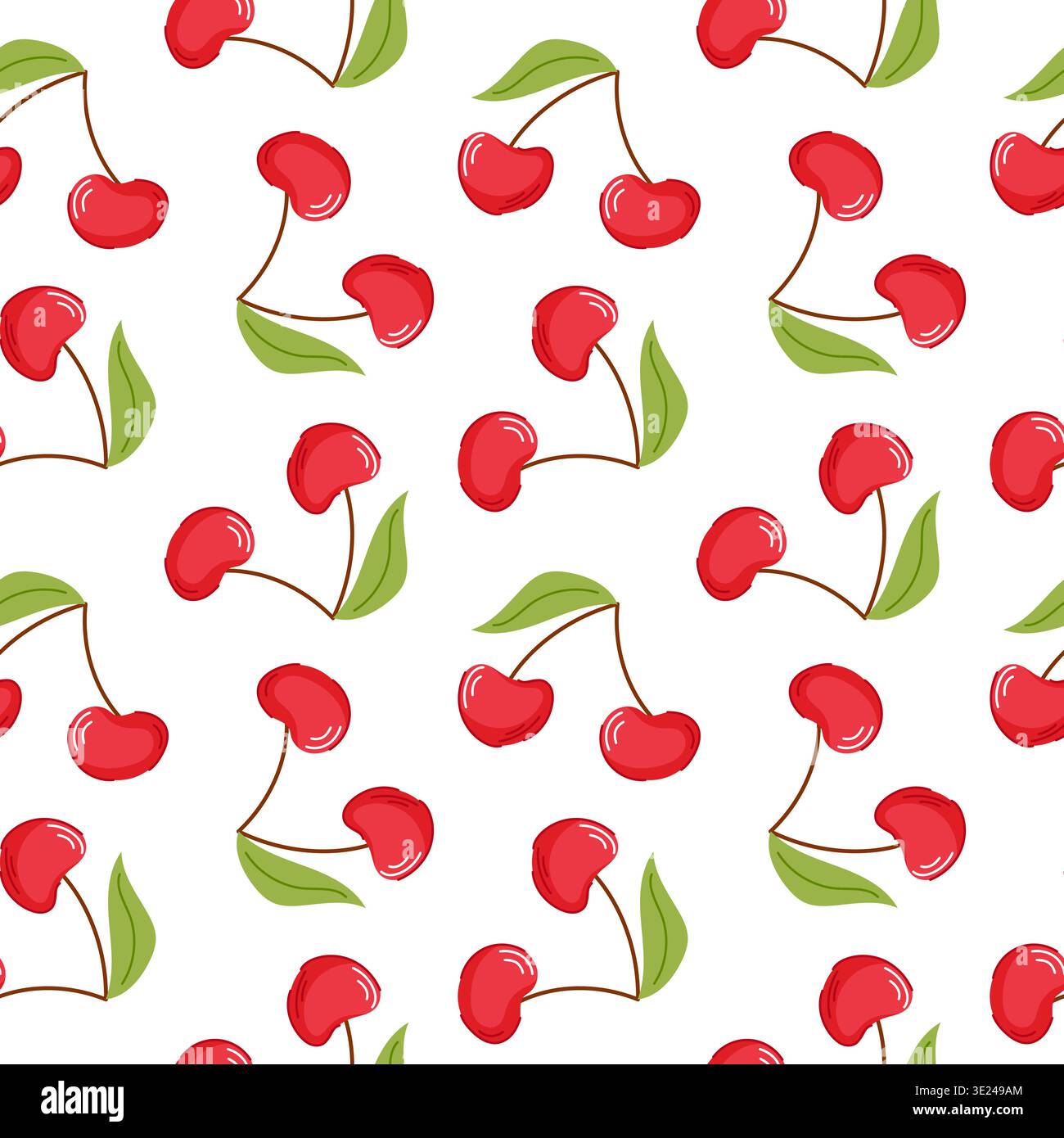 Seamless pattern with red cherry and green leaves in flat style. Repeating fruit background for textile design, wallpaper, packaging and summer theme. Stock Vector